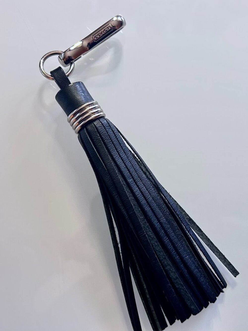 NWOT Coach Black Leather Long Tassel Fringed Charm Keychain Key FOB